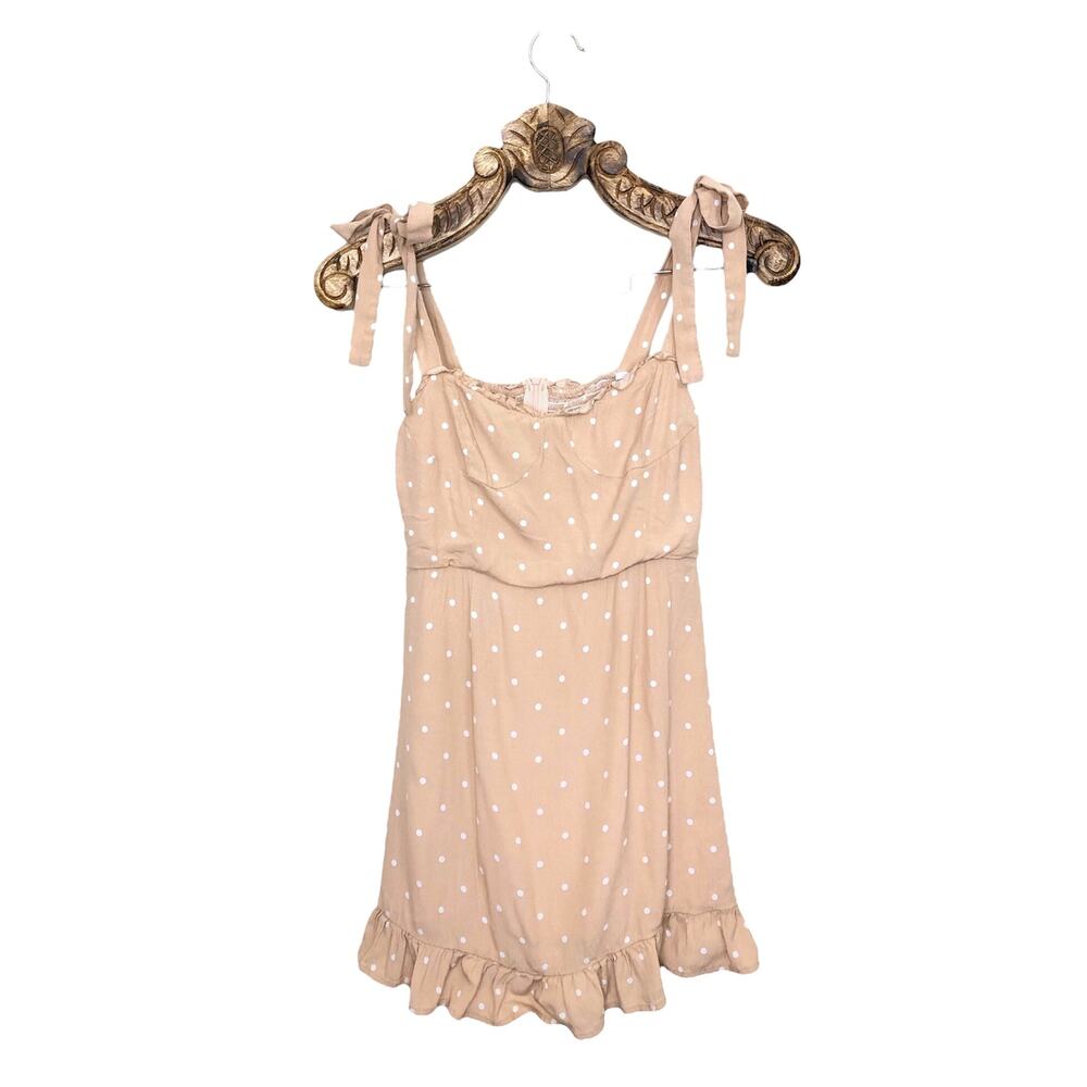 Olivaceous Dress Blush Polka Dot Tie Bow Strap Ruffle Hem Mini Cup Seam Bodice M